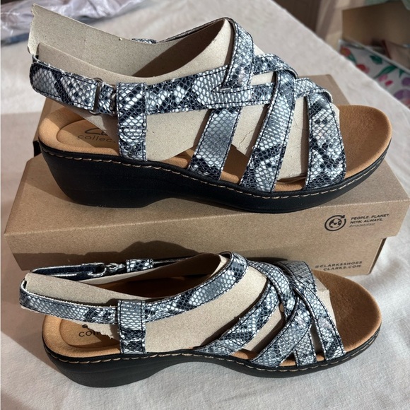 Clarks Collection Strappy Sandals • Navy Snakeskin Print • Clarks sandals - Picture 1 of 5
